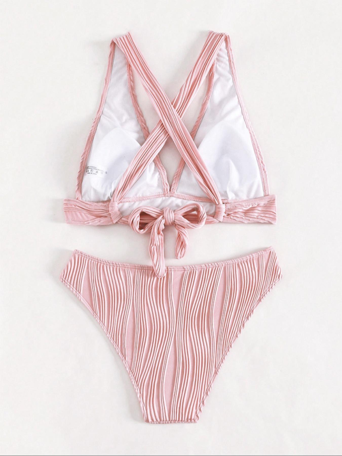 Two-Piece Set Women's Solid Textured High Stretch Bikini Set, Criss Cross Tie Back Bra & High Cut Panty, Ladies Swimwear for Summer Beach Holiday Vacation