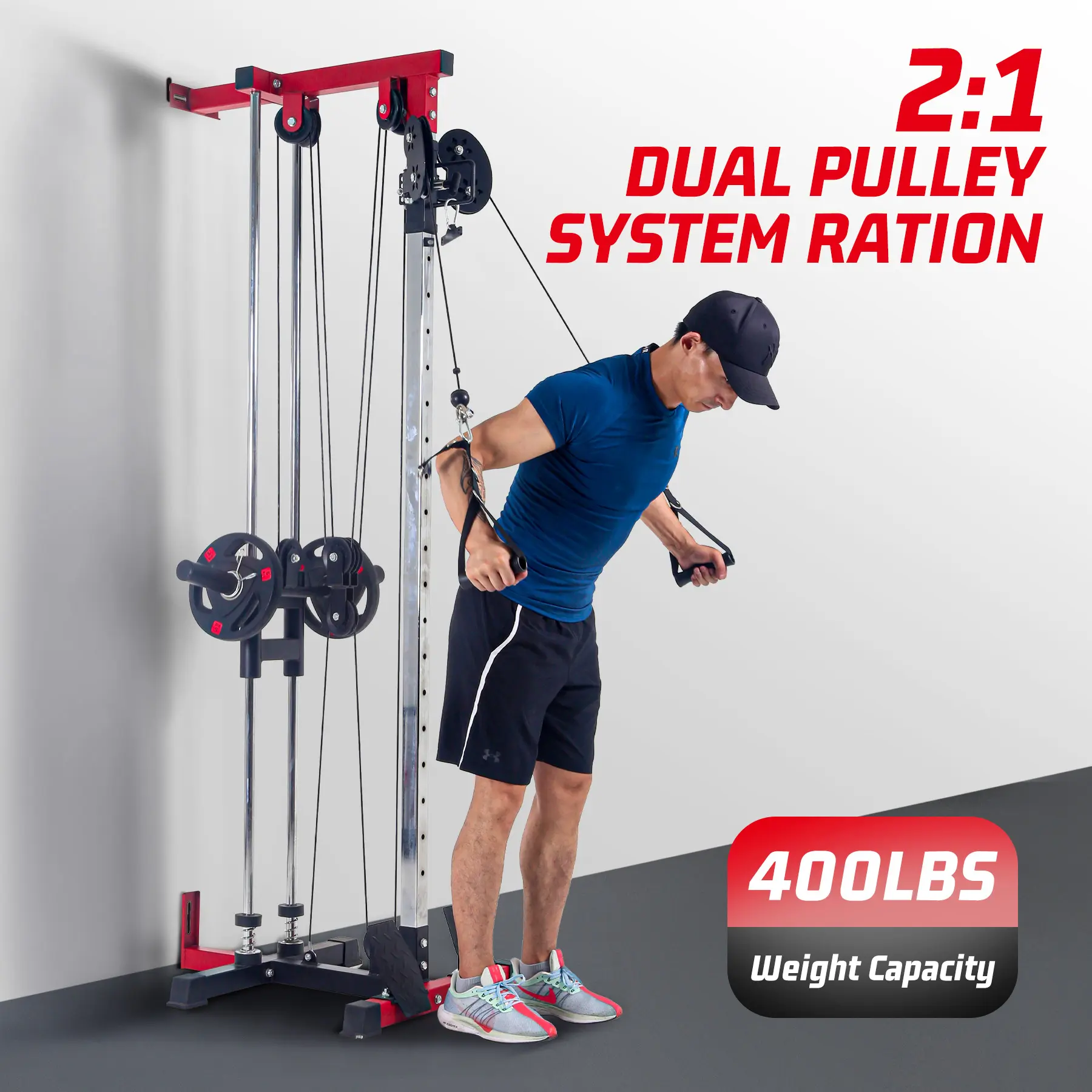 Carbon Steel Wall Mounted Dual Pulley Functional Trainer Pull Up Station, Compact Home Gym Cable Machine for Strength Train, 20 Adjustable Heights, 400lbs Capacity, High-Low Pulleys, Adjustable Seat, Knee Support, Triceps Rope