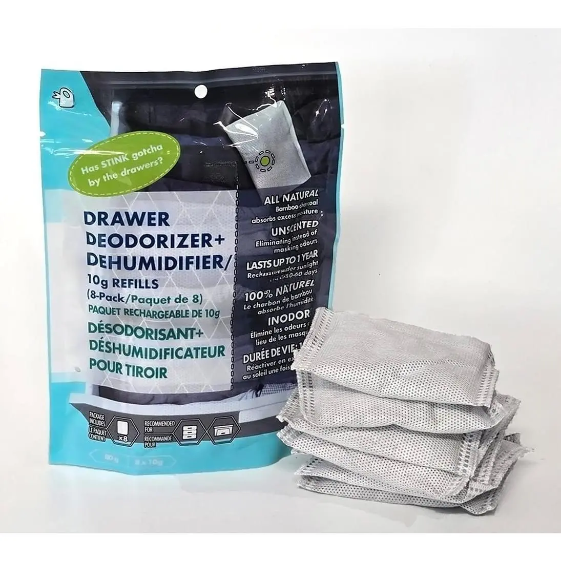 Drawer Deodorizer & Dehumidifier -   Charcoal Odor Absorber, 8 x 10g. Single pack
