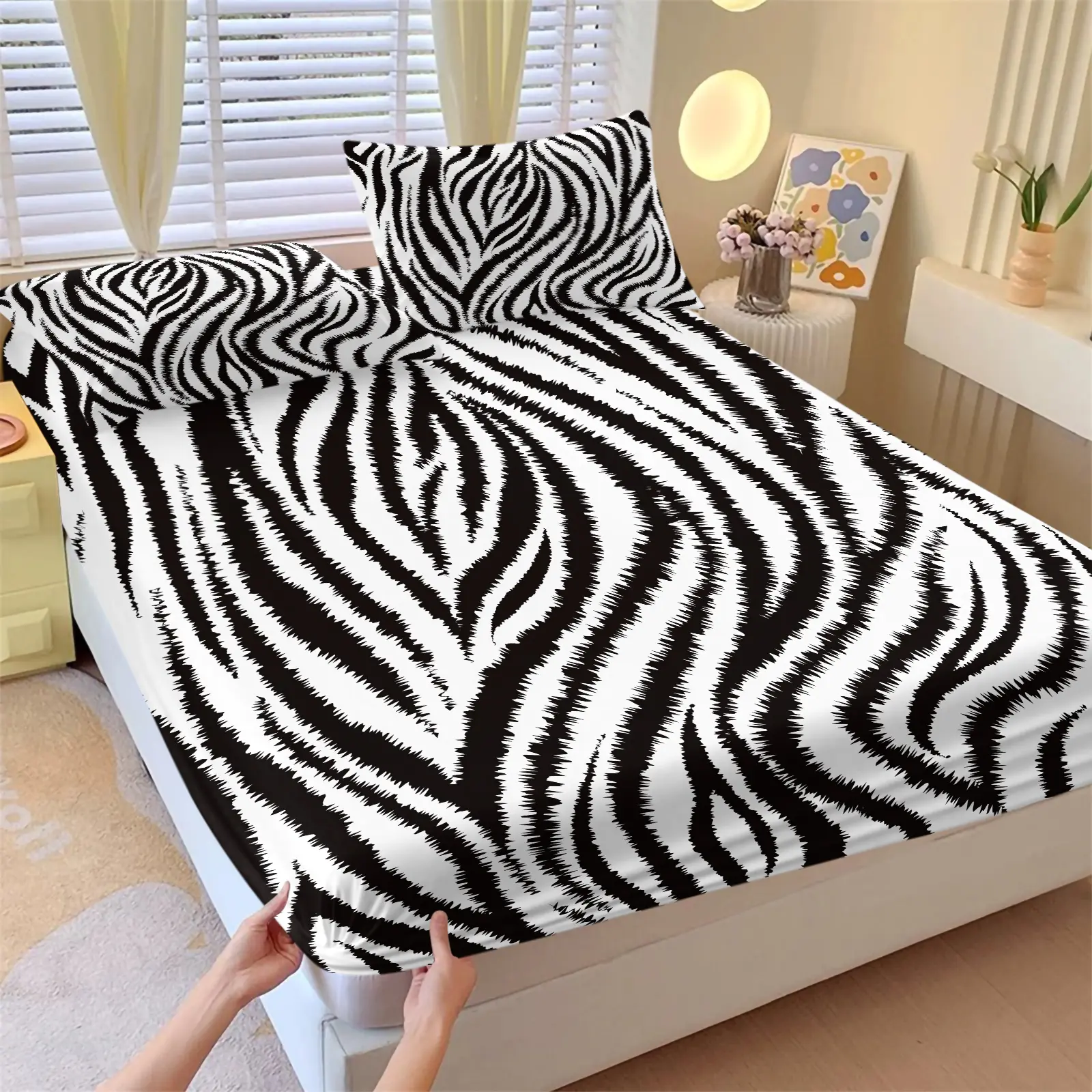 Y2K Girly Full Print Frayed Zebra Stripe Fitted Sheet Set 3 Piece, 1 Fitted Sheet & 2 Pillowcase, Solid White Black Animal Graphic Bed Set, Breathable Soft Fabric Bedding, Stylish Neutral Decor For Men Women Teen Bedroom