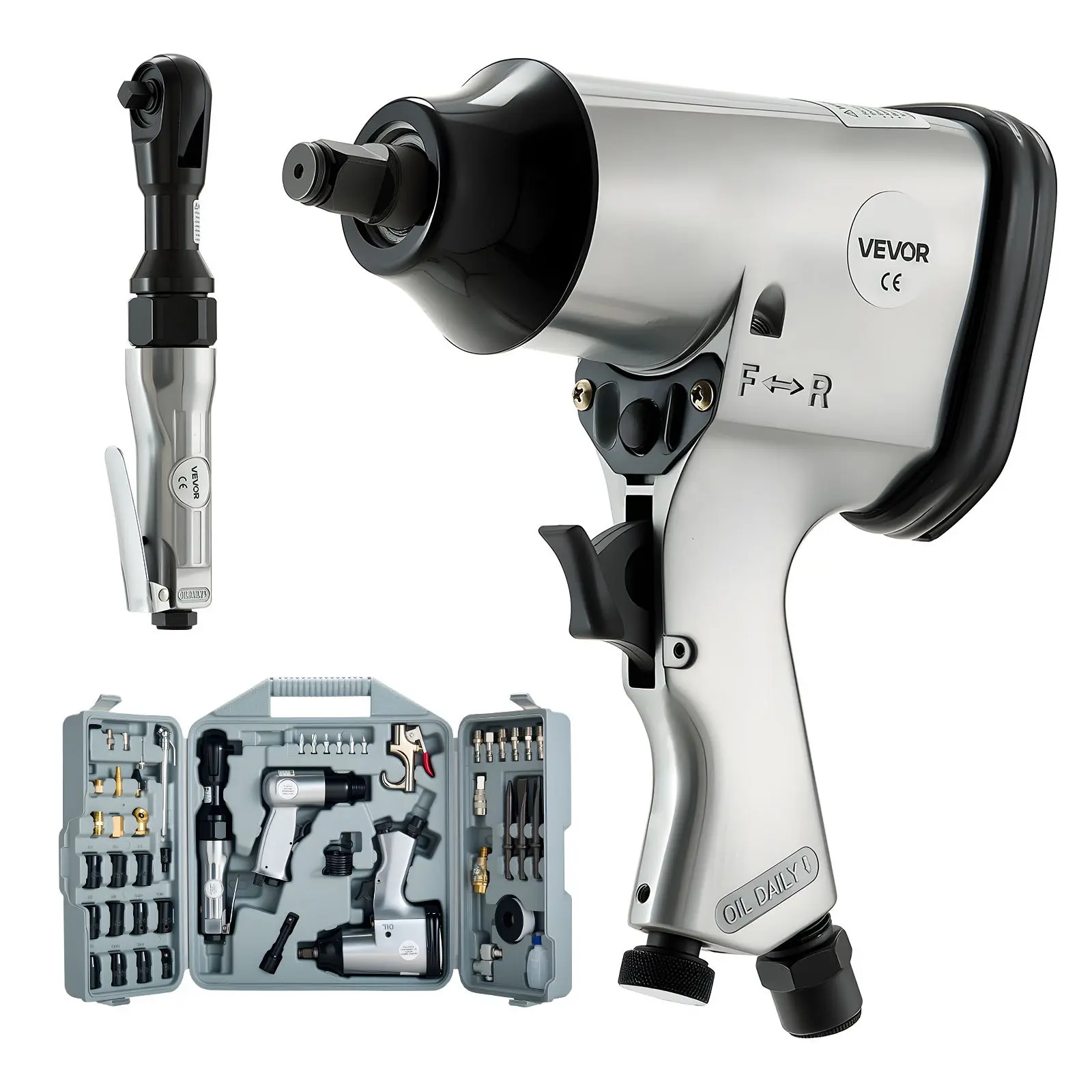 VEVOR 50 Pieces Pro Air Tool and Accessories Kit - 1/2" Air Impact Wrench, 3/8" Ratchet Wrench, 4500BPM Hammer, Blow Gun Full Accessories for Auto Repairs, Home DIY Projects - with Storage Case
