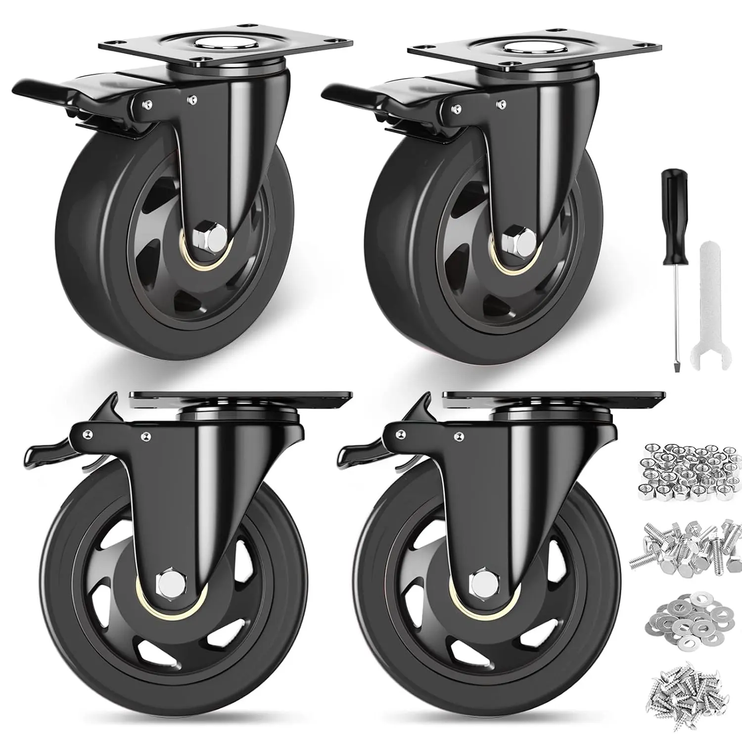 4 Inch Caster Wheels, Duty Casters Set of 4 with Brake| 2200Lbs, Polyurethane(PU)Wheels, Locking Industrial Top Casters Wheels for Furniture Workbench Cart, Kits