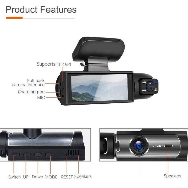 1080P Front & Interior Dual Recording Dash Camera, HD Car Dvr with IR Night Vision, 3.16 Inch IPS Screen, Wide Angle Video Surveillance, Dashcam Camera Dvr