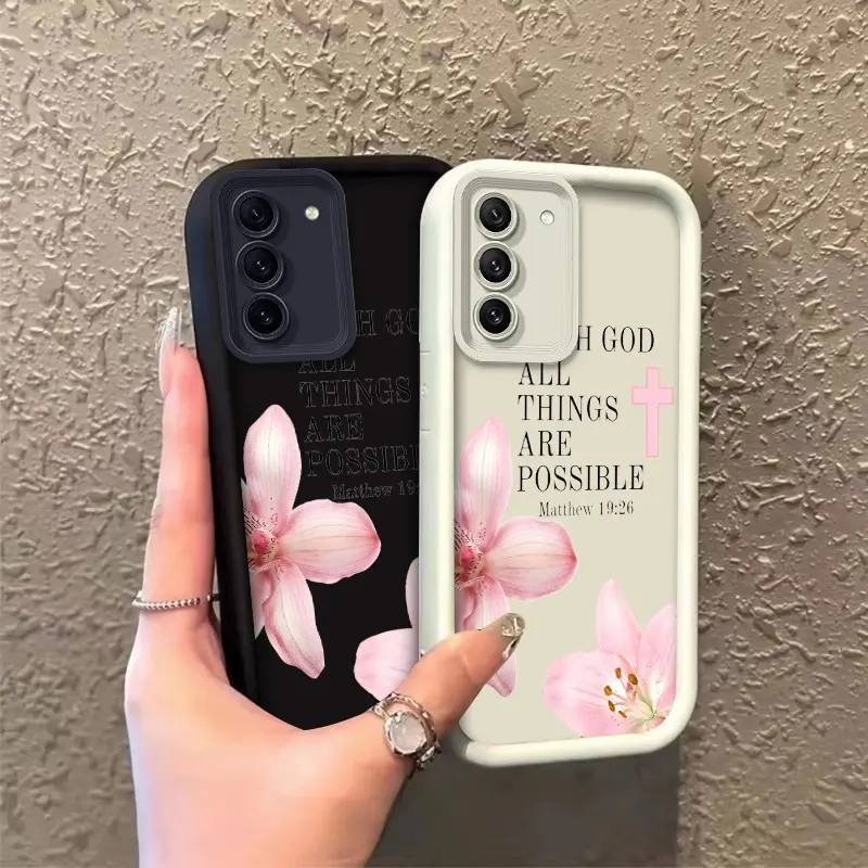 Phone case for Samsung GALAXY S21FE S22 S22PLUS S23 S23PLUS Enhanced Peotection TPU Gift Pink Floral & Cross Matthew 19:26 Quote Full cover protection Celestial Eye Layered Phone Case ROOJTN7UV, Smartphone, Handheld