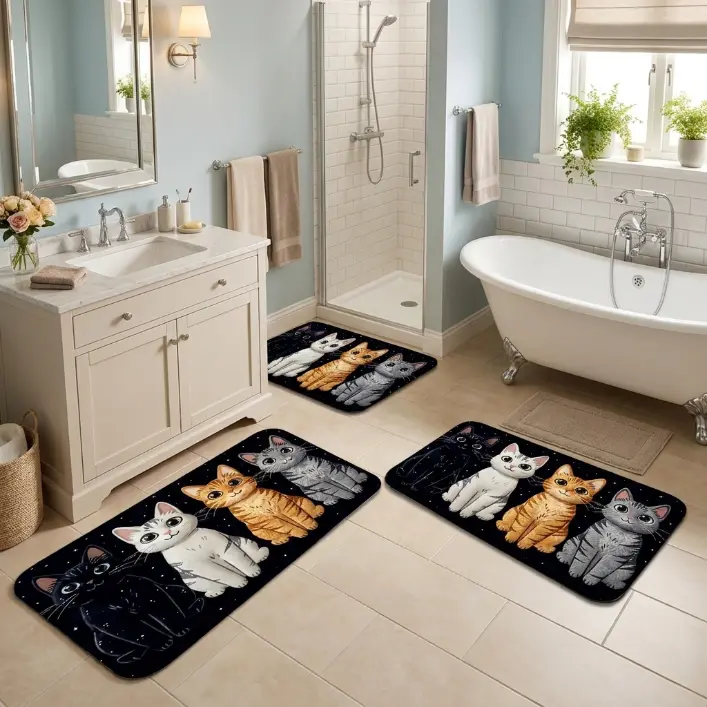 1/2/3pcs Flannel Kitchen Floor Mat Set, Cute Cartoon Cats, Non-Slip, Absorbent Washable Rug, Ideal for Kitchen, Bathroom, Laundry Room, Hallway