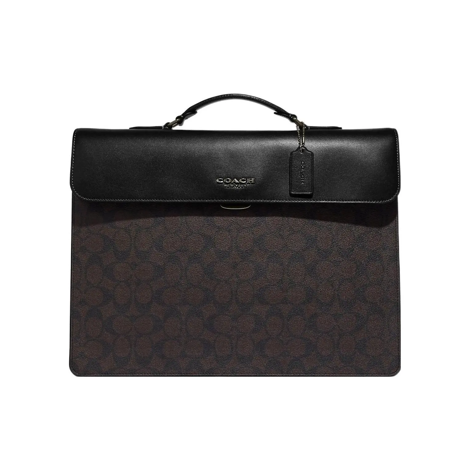 COACH Graham 39 Classic Monogram Flap Top Briefcase for Men – Large Size, Black and Dark Khaki Coated Canvas with Calfskin