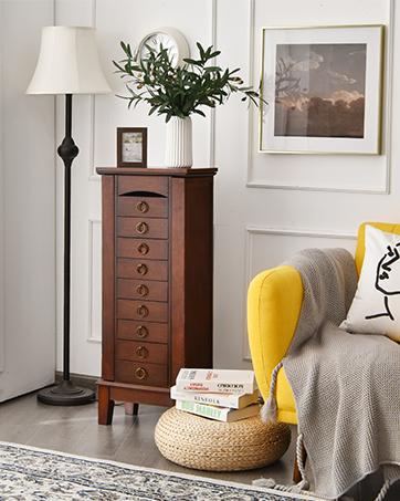 Karl home Jewelry Cabinet Armoire Chest with 4 Drawers, Flip Top Mirror, Top Storage Compartments, 2 Side Doors with 8 Necklace Hooks, 2 Shelves, White Standing Jewelry Organizer Box for Girls Gift