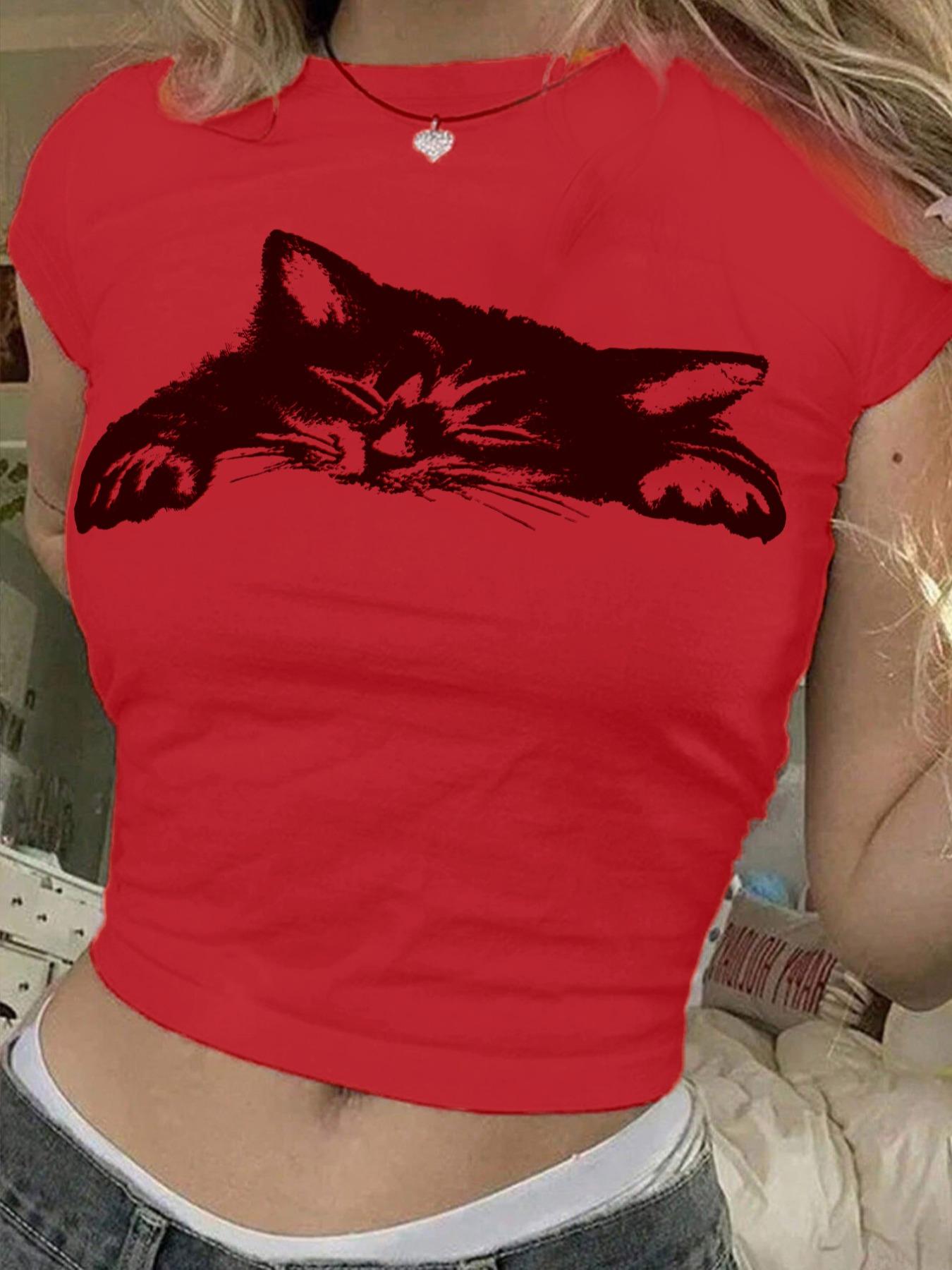 Women's Cat Print Round Neck Tee, Casual Slim-fitting Short Sleeve T-shirt for Daily Wear, Ladies Clothes for All Seasons, Casual Breathable Top
