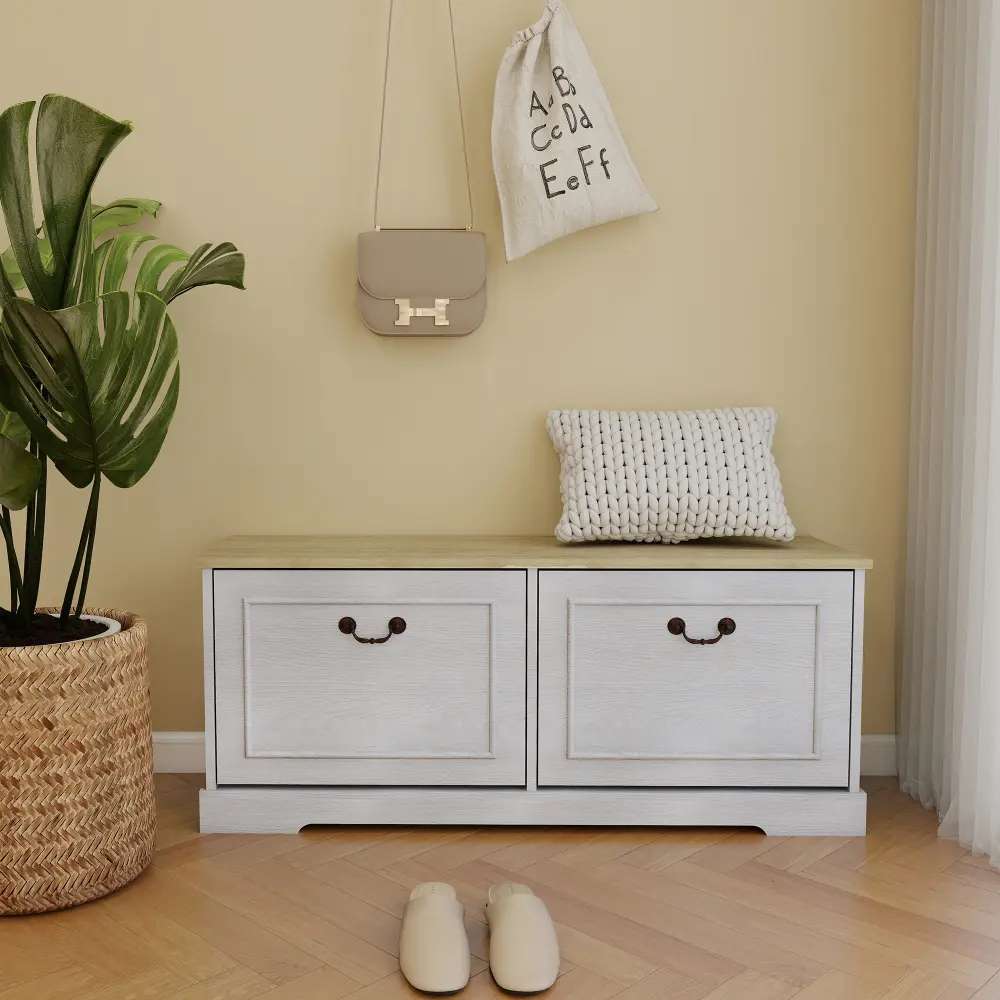 Antique White Farmhouse MDF Board Wood Grain Shoe Storage Bench - 2 Flip Drawers, Adjustable Shelves, Cushioned Seat, Narrow Organizer Cabinet, Supports 2-3, for Entryway, Hallway