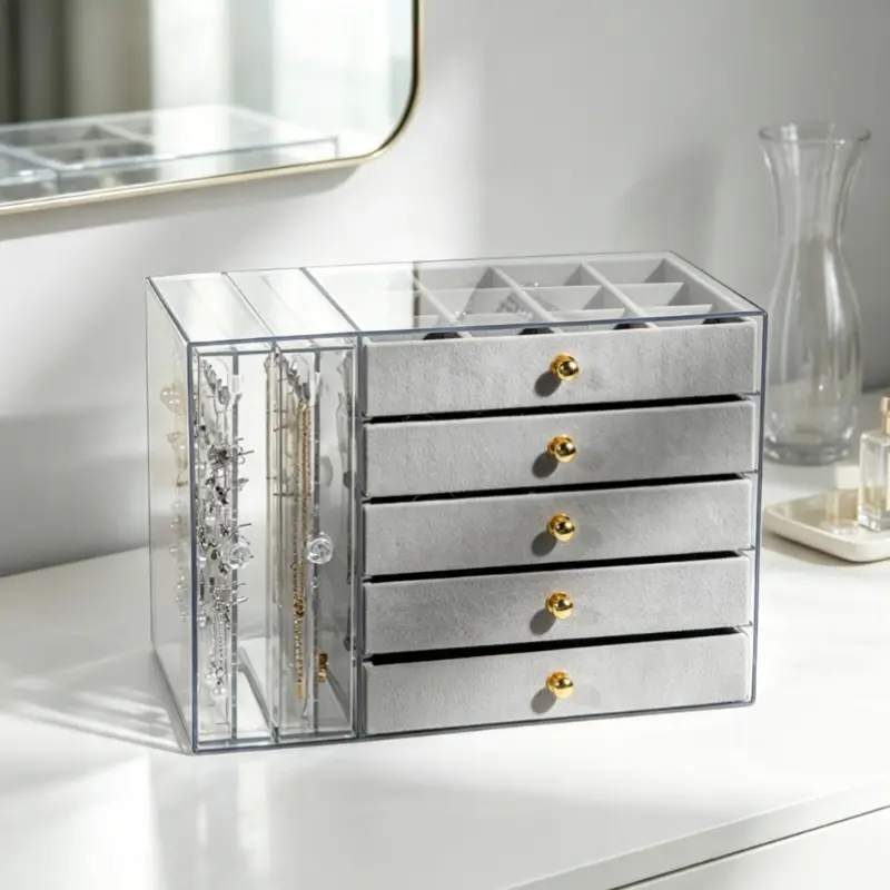 Transparent Acrylic Dust-Proof Jewelry Box, Hanging Rack Necklace Earring Display Case, Large Capacity Layered Drawer Organizer