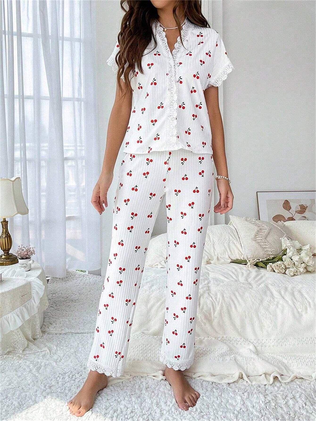 Cherry Print Short-Sleeve Collared Pajama Set for Women Oversized Style with Matching Pants