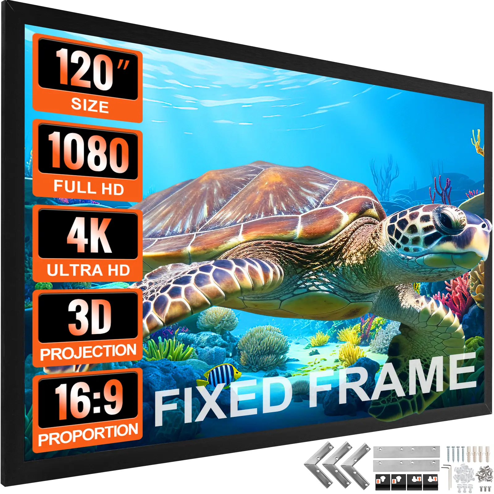 120-inch 16:9 Projector Screen Fixed Frame 4K HDTV Movie Theater 3D, Fits 16:9