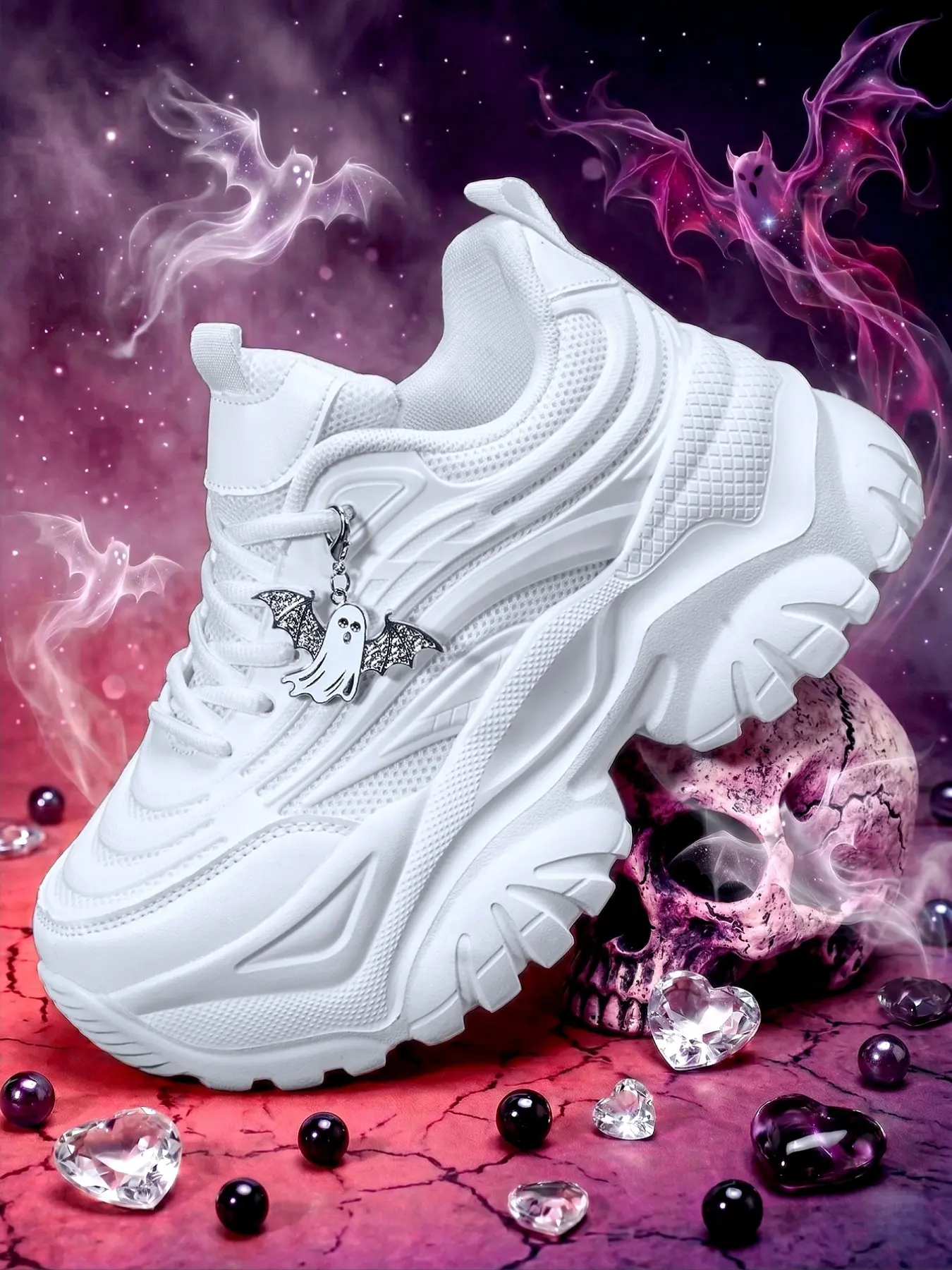 Women's Casual Sport Shoes, 7cm Height Boost Eva, Detachable Silver Color Ghost Charm, Unique Design Thick Sole Dad Shoes