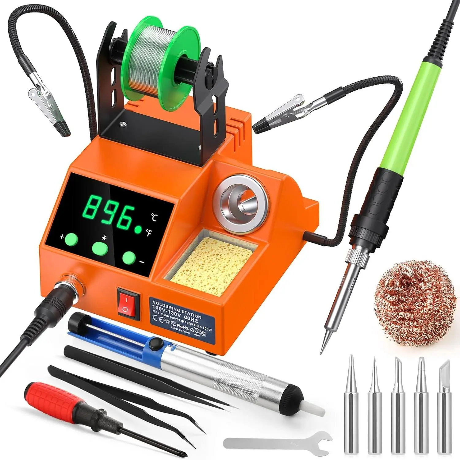 Soldering Station, 100W Display Soldering Iron Station Kit with 2 Helping Hands, 356 ° F - 896 ° F, Auto Sleep, ° C/ ° F Conversion, Solder Wire, Tips, Stand, Pump, Tweezers, Tip Cleaner, Orange