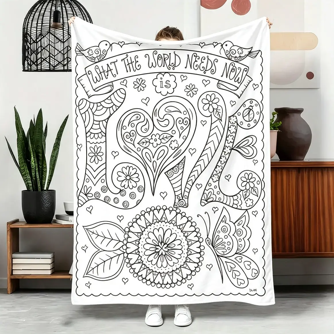 American Line Art Butterfly Floral Coloring-Theme Flannel Throw Blanket for Adults and Kids, Creative Black-and-White 2D Flat Single-Sided Print, Four-Season Couch Cover for Sofa Naps, Home Decor, Blankets and Bedding
