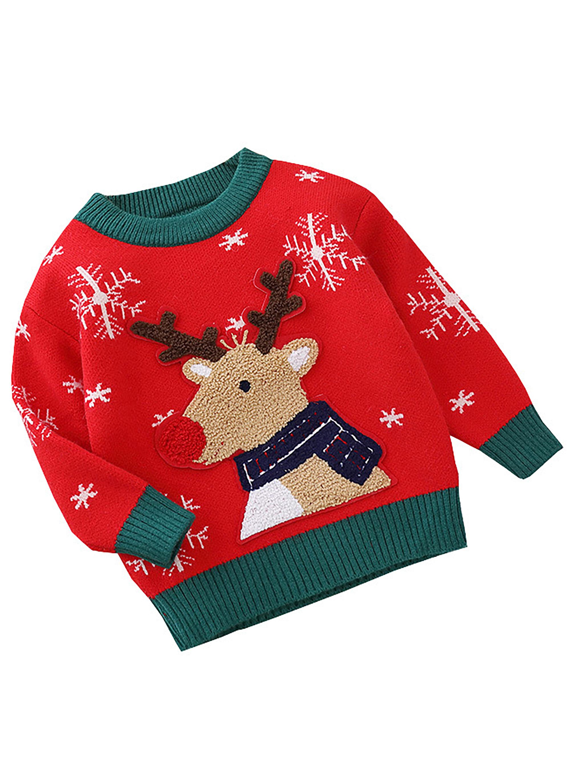 Girls' Christmas Sweater Dress with Snowflake & Reindeer Patterns, Color-Block Pullover Jumper, Loose Fit Round Neck Winter Outfits for Girls & little girls (Hand Washable)