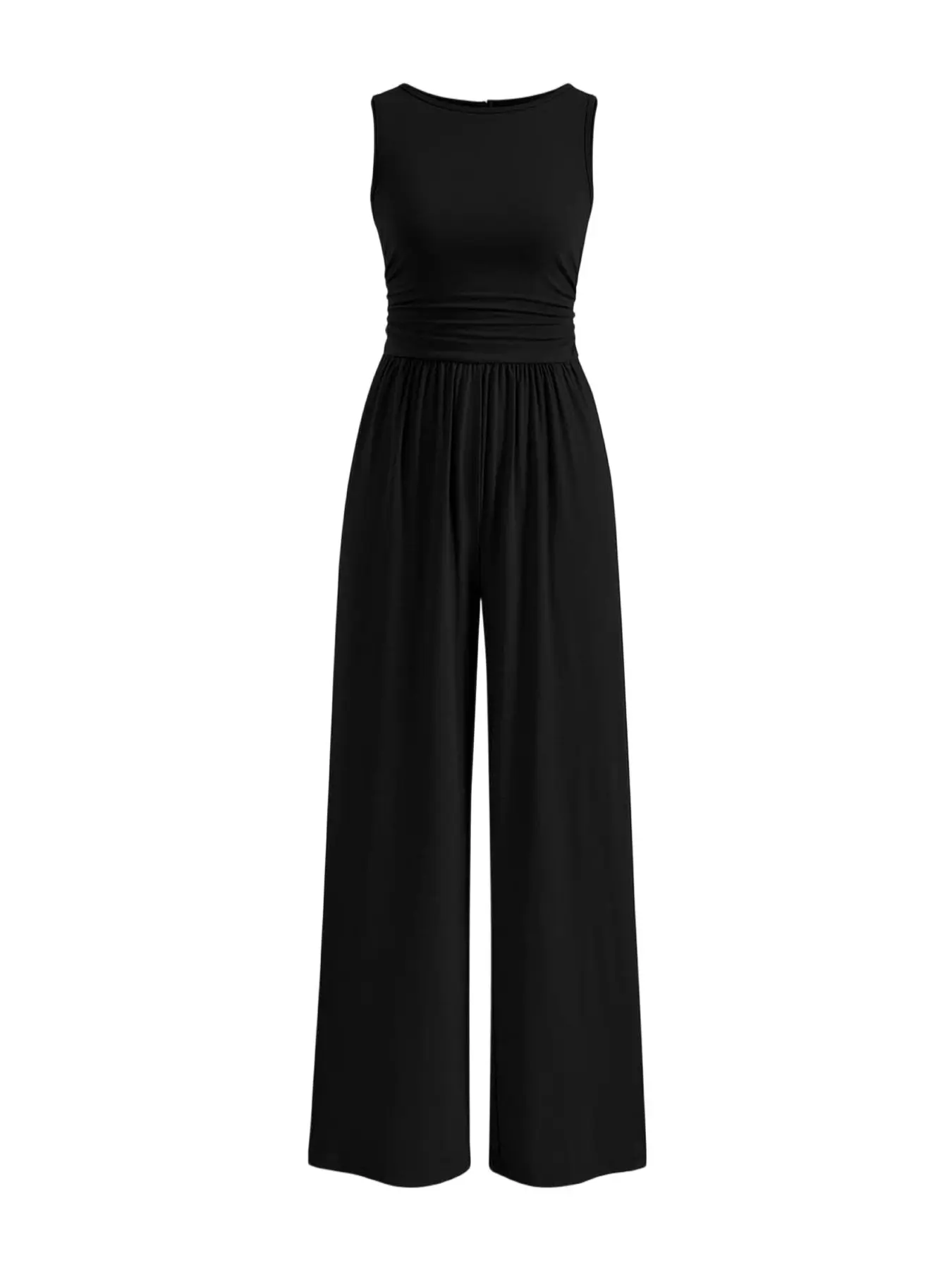 High Waist Ruched Wide Leg Jumpsuit for Women, Sleeveless Boat Neck Pocket Romper, Soft Lightweight Basic Casual Summer Resort One Piece