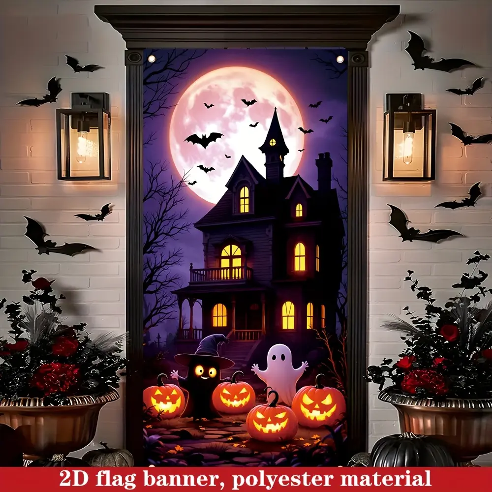 1-piece set, Halloween door cover, polyester material, Halloween door cover decorative flag, horror house, pumpkin and ghost theme, porch hanging banner