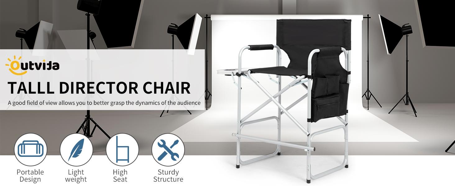 Outvita 26" Tall Directors Chair Height Seat Folding with Side Table Storage Bag, Support for 300Lbs Portable Makeup Artist Chair with Bar Height Black