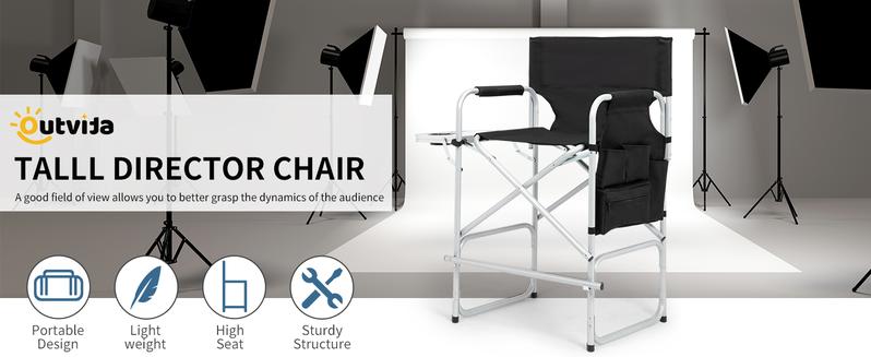 Outvita 26" Tall Directors Chair Height Seat Folding with Side Table Storage Bag, Support for 300Lbs Portable Makeup Artist Chair with Bar Height Black