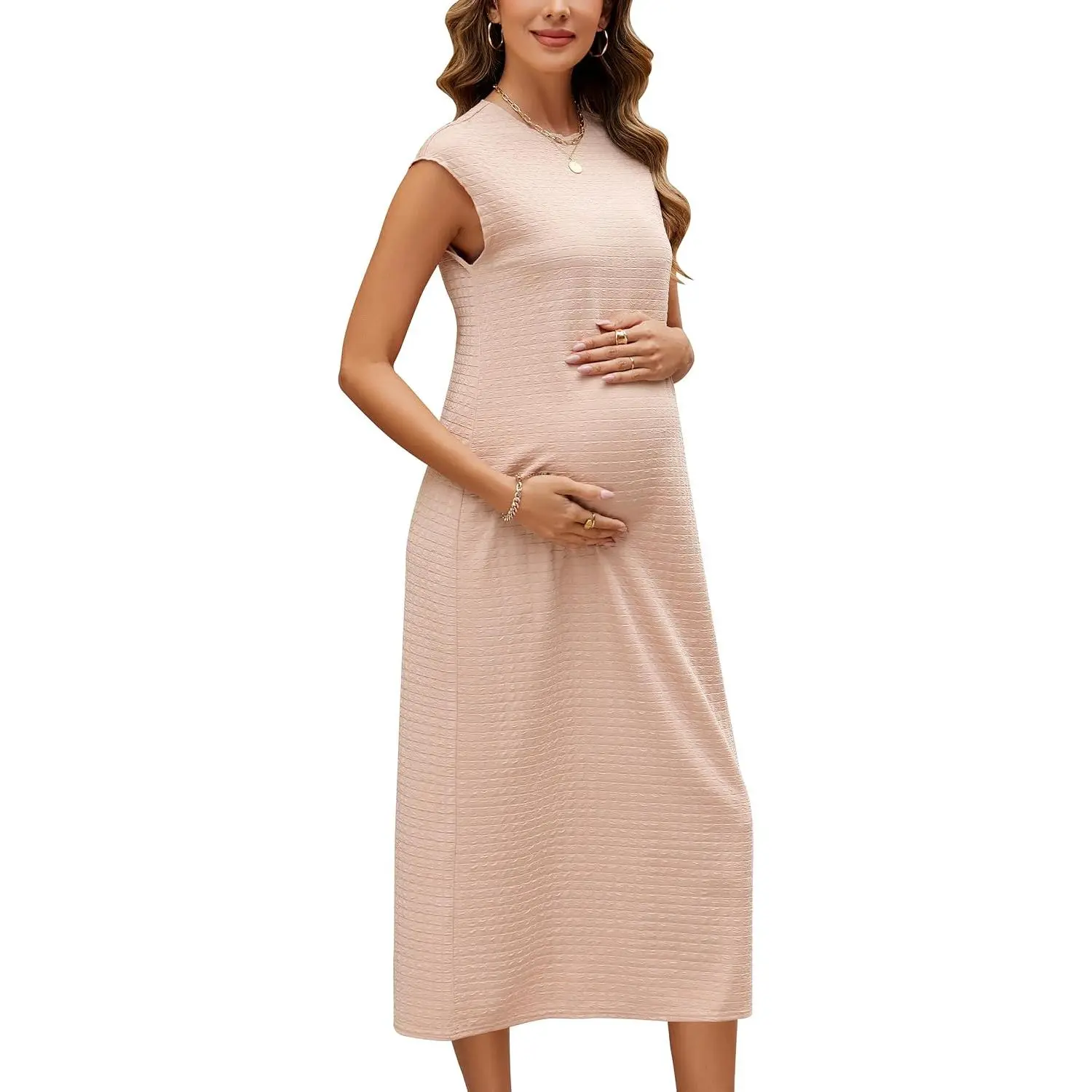 Womens 2025 Spring Cap Sleeve Maternity Dress Textured Midi Summer  Business Casual Work Column Dress