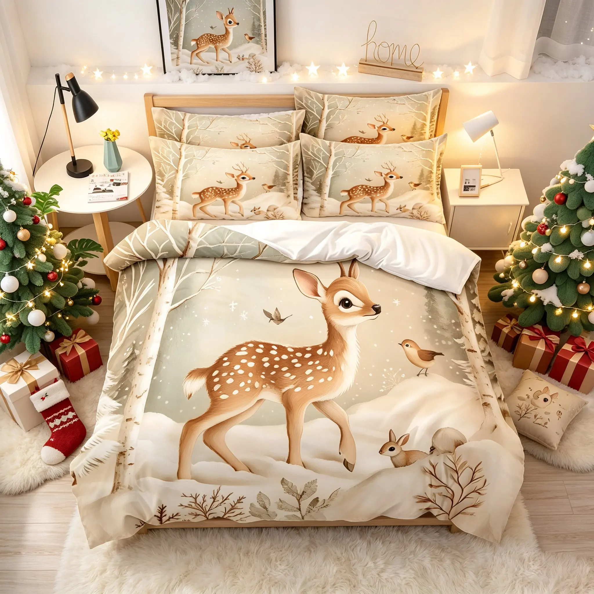 3-Piece Christmas Bedding Set, Snowy Scene Reindeer Bird Pattern, Soft Comfortable Fabric, Ideal for Bedroom Hotel Dorm, Perfect Gift