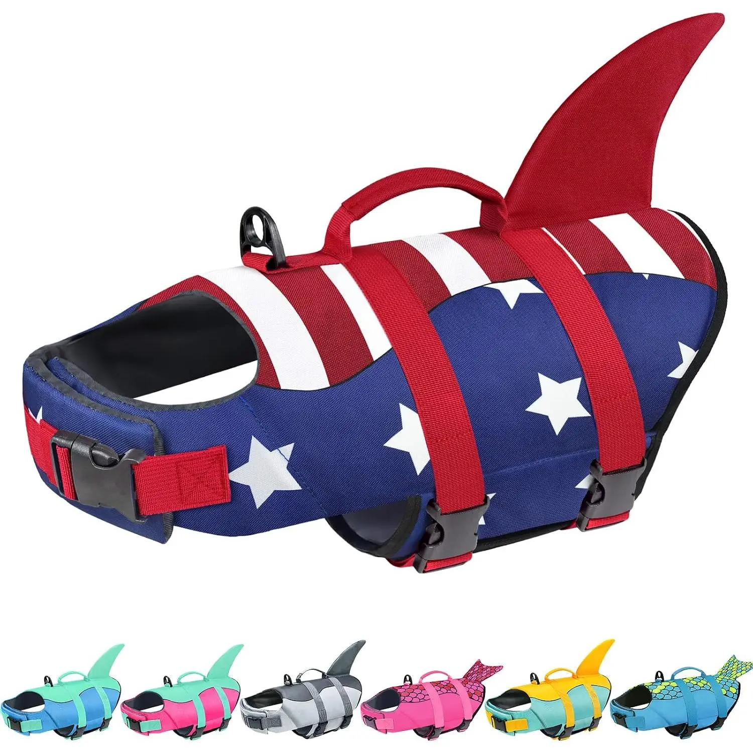 Dog Life Jacket, Ripstop American Flag Dog Life Vest for Swimming Boating, Shark Puppy Lifesaver with High Buoyancy Swimsuit for Small Medium and Large Dogs (Small)