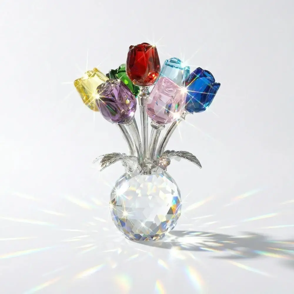 Handmade K9 Crystal Rose Flower Bouquet Figurine with Vase, Colorful Floral Home Table Decor Ornament, Perfect Valentine's Day Wedding Anniversary Gift for Women Wife Girlfriend