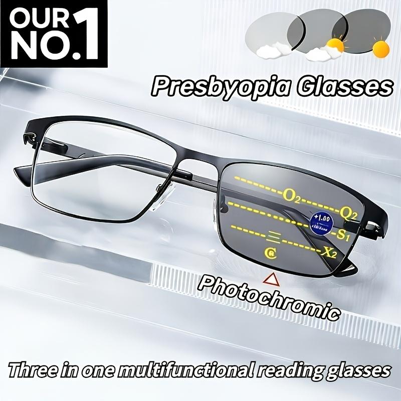 Men's Square Metal Frame Three in One Multifunctional Reading Glasses for Women Long Medium Short Distance Anti Blue Light +1.0 to +4.0 Polycarbonate Lens Unisex Adult Full Rim Flat Top