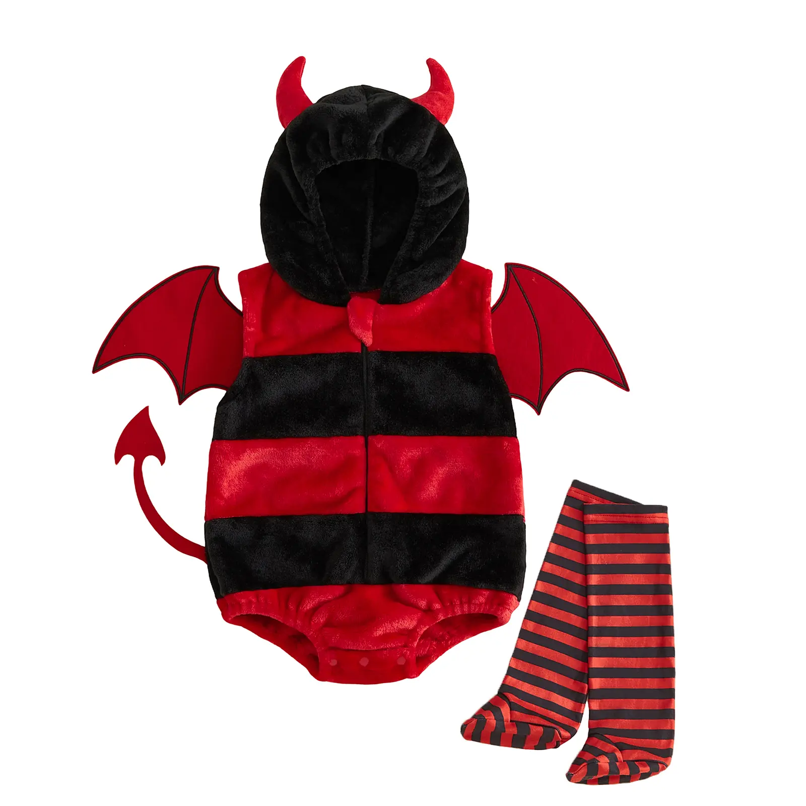 Infant Baby Boy Girl Devil Costume with Striped Stockings Set Fleece Sleeveless Hooded Romper Halloween Cosplay 0-18 Months