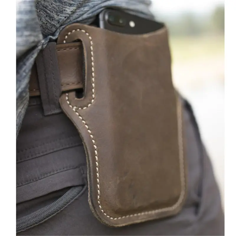 Handmade Crazy Horse Leather Phone Holster, Belt Loop Cell Phone Pouch, Durable Waist Phone Holder Case for Outdoor Work Camping Hiking