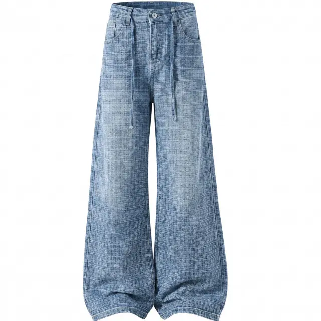 Men's Plaid Jeans, Retro Streetwear Wide-Leg Trousers in Light Blue Denim with Drawstring Waist, Relaxed Fit Casual Pants, Machine Washable, Menswear, Stylish, Checked, Foldable, Outdoors, All Seasons, Cotton Blend, Denim Trousers, Floor Length, Vintage W