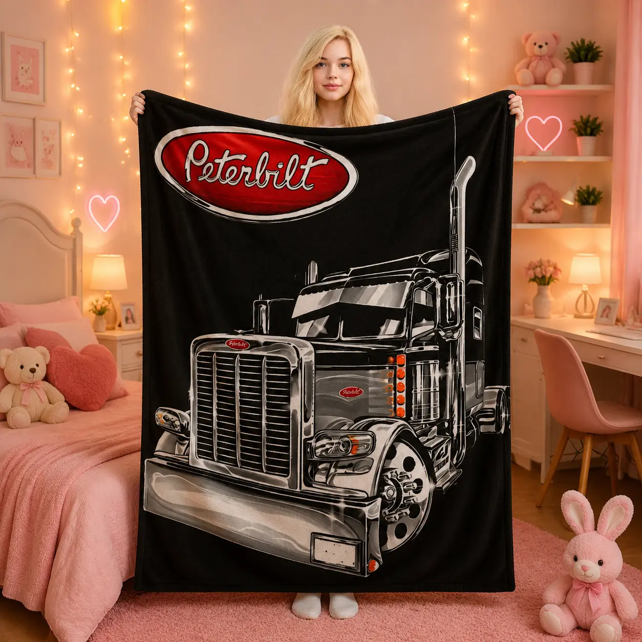Peterbilt Classic Chrome Semi Truck Flannel Throw Blanket - Red Logo, Black Background, Ultra Soft Warm All-Season Blanket for Sofa, Bedroom - Ideal Father’s Day Birthday Gift for Truck Drivers