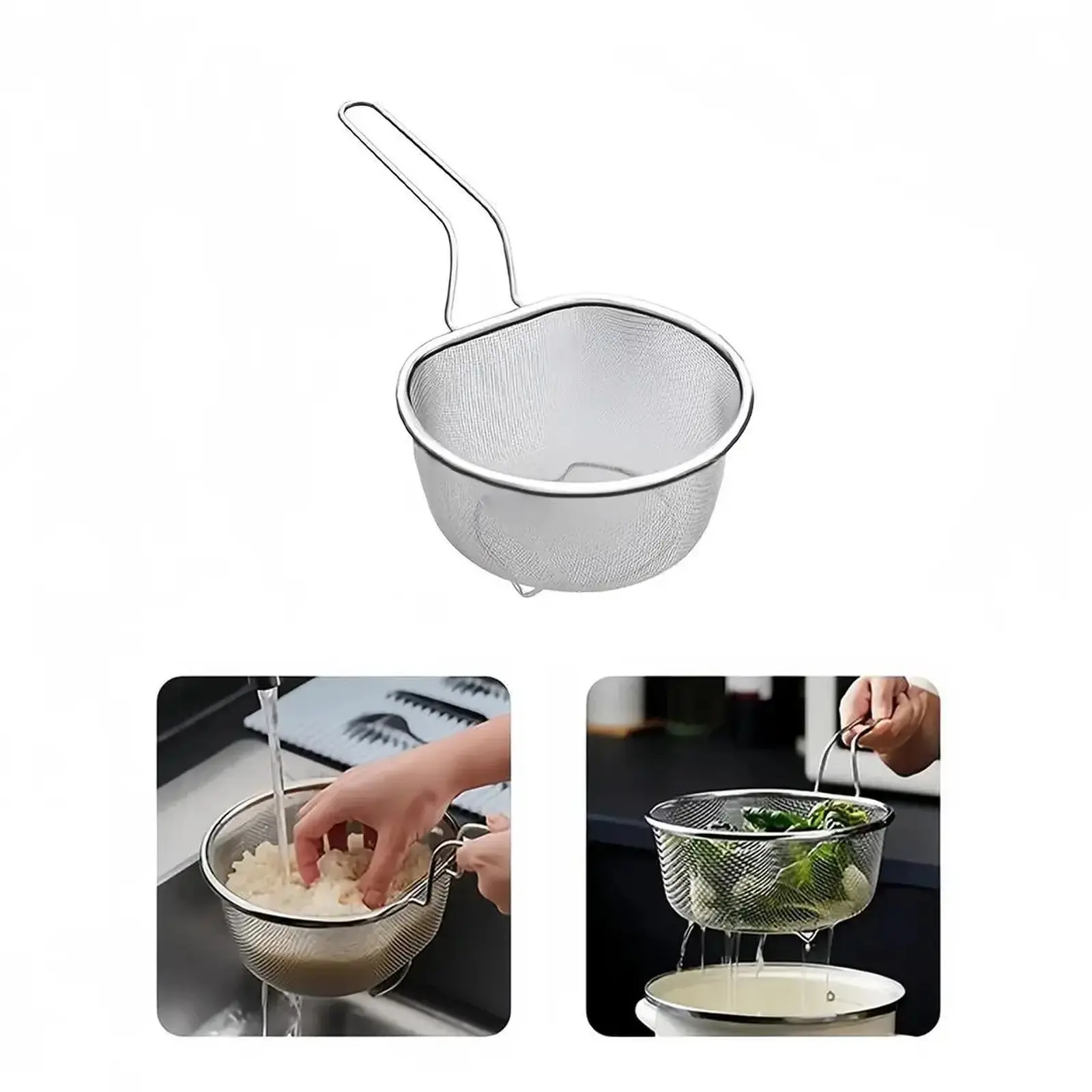 Stainless Steel Upright Fine Mesh Sieve with Ergonomic Handle, Deep Metal Draining Basket, Multi-Purpose Kitchen Strainer for Pasta, Fruit Washing & Deep Frying