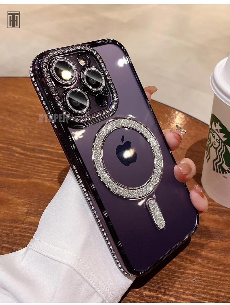 Luxury Bling Crystal Lens Film Phone Case For iPhone 15 11 12 13 14 Pro Max Plus Magsafe Magnetic Wireless Charging Clear Cover