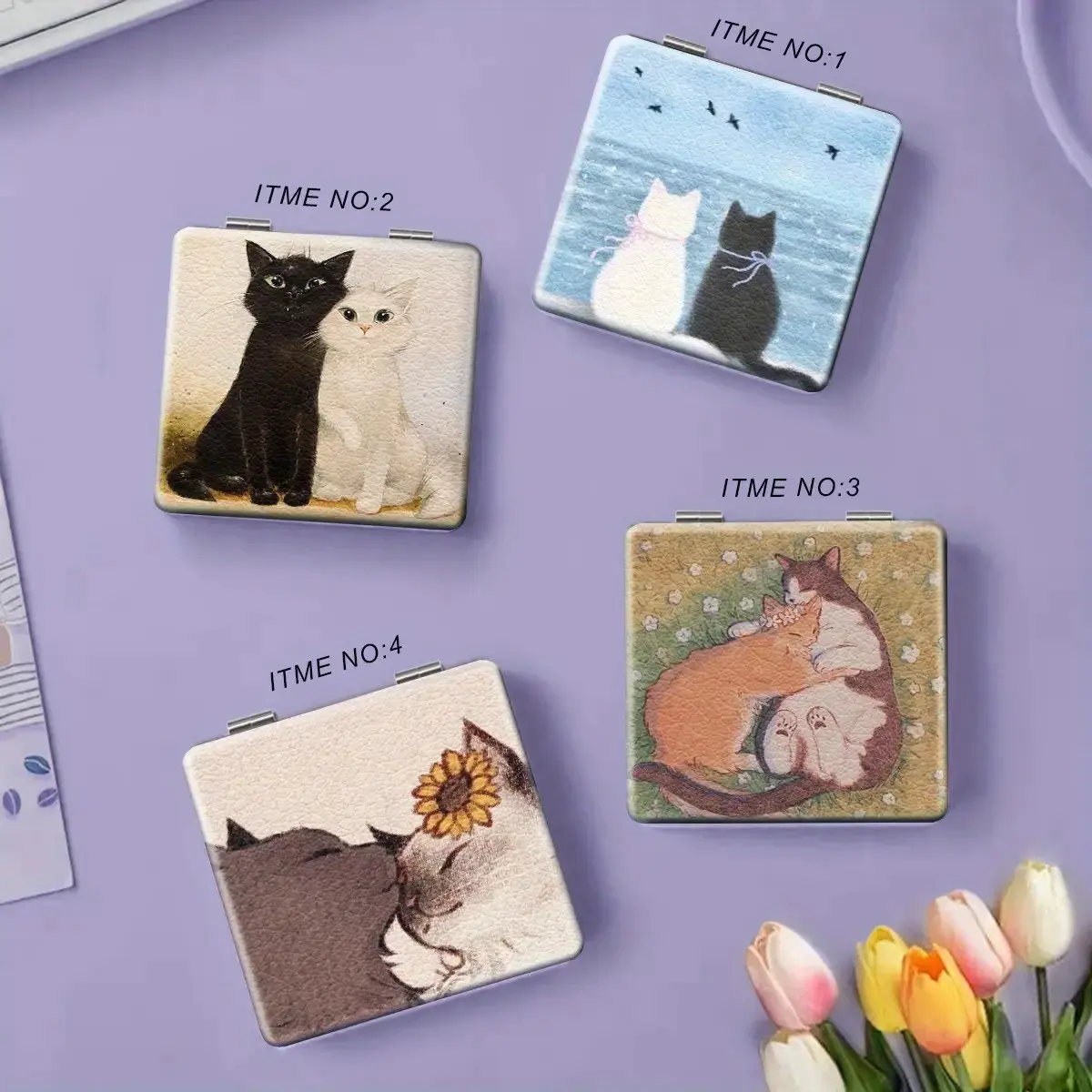 Vintage Watercolor Cat Print Compact Mirror, Double Sided Foldable Pocket Makeup Mirror, Cute Kitten Pattern Portable Travel Cosmetic Mirror, Gift for Cat Lovers Women Girls