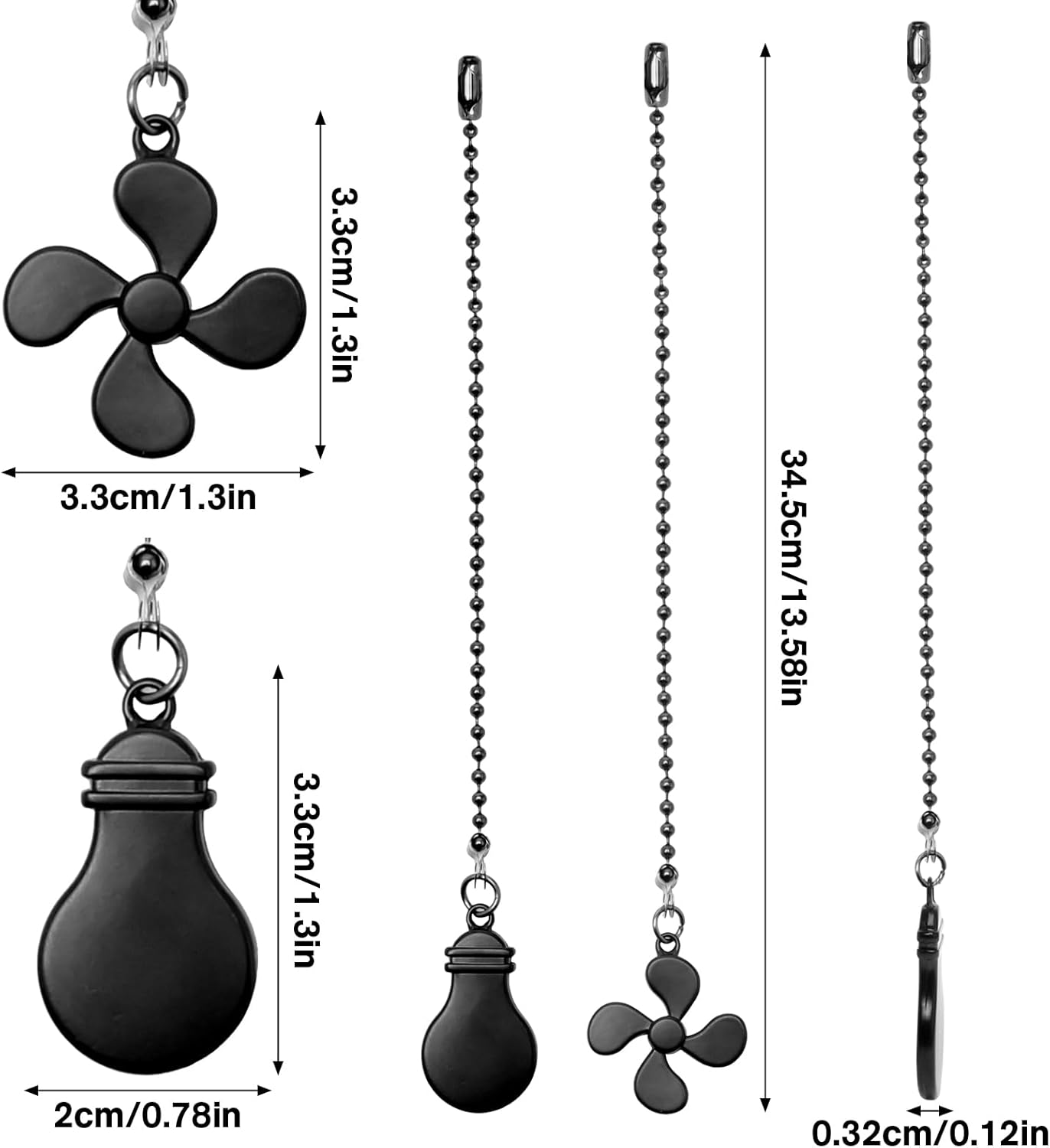 2 count Ceiling Fan Pull Chain Extender, 12 Inch Ceiling Fan Chain Pulls, Fan Pull Chain Extension with Fan and Bulb Ornaments, Pull Chains for Ceiling Fans and Lights, Black