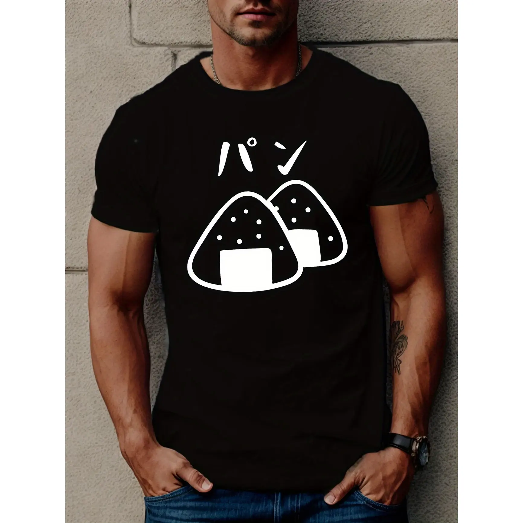 Menswear Oversized Soft Casual Short-Sleeve Cotton T-Shirt - Japanese Onigiri Rice Ball Print, Comfortable Summer Outfit, Cute Japan Food Lover Holiday Gift, Top