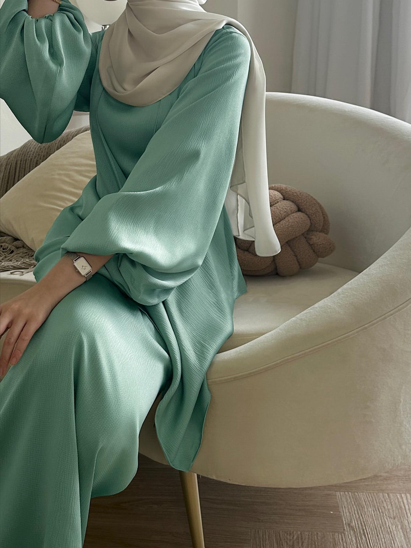 Two-Piece Set Women's Plain Lantern Sleeve Asymmetrical Hem Belted & Tank Dress Islamic Set, Abaya Hijab Set, Modest Casual Two Piece Outfits for Daily Outdoor Wear, Ladies Clothes for All Seasons