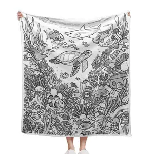Black White Line Art Underwater Ocean Doodle Sea Turtle Shark Coral Fish Coloring Page Flannel Throw Blanket Kids Adult DIY Coloring Marine Life Coastal Nautical Comfort Blanket Ocean Lover Creative Gift 30*40in 40*50in 50*60in 60*80in US cooling blankets
