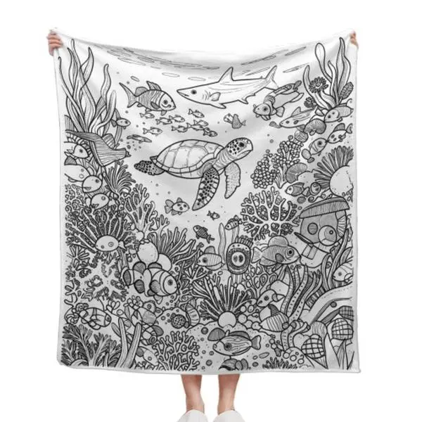 Black White Line Art Underwater Ocean Doodle Sea Turtle Shark Coral Fish Coloring Page Flannel Throw Blanket Kids Adult DIY Coloring Marine Life Coastal Nautical Comfort Blanket Ocean Lover Creative Gift 30*40in 40*50in 50*60in 60*80in US cooling blankets