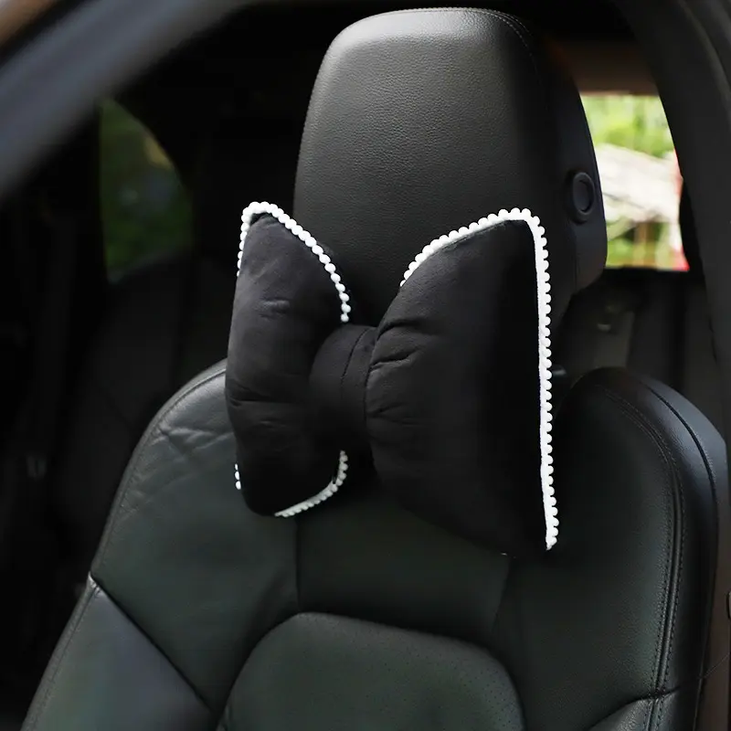 Single Piece Four Season Versatile Camellia Bow Decor Car Neck Pillow Fluffy Plush Headrest Comfort Cushion Universal Auto Decoration Supplies for Vehicle
