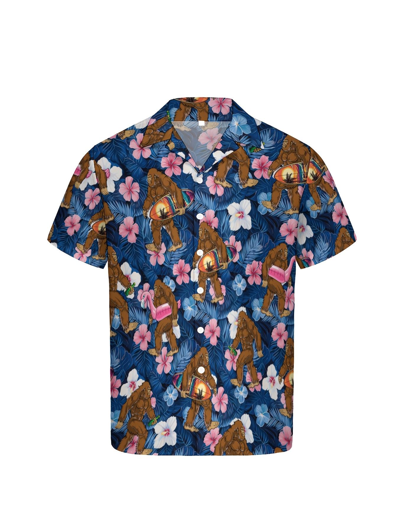 3pcs Men'S Hawaiian Shirt And Short Set, Sasquatch Tropical Plants Flamingos Soft Fabric Breathable Shirt Button Short Sleeve Casual Beach Shirts Outfits With Bucket Hats