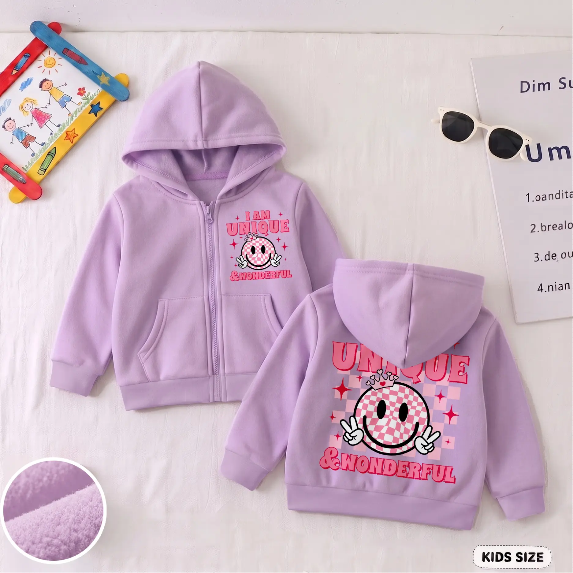 Girls’ Smiley Face Graphic Full-Zip Hoodie - Regular Fit, Casual Sporty, "I Am Unique & Wonderful" Letter Print, Front Pockets for School/Play Activities, Hooded Jacket