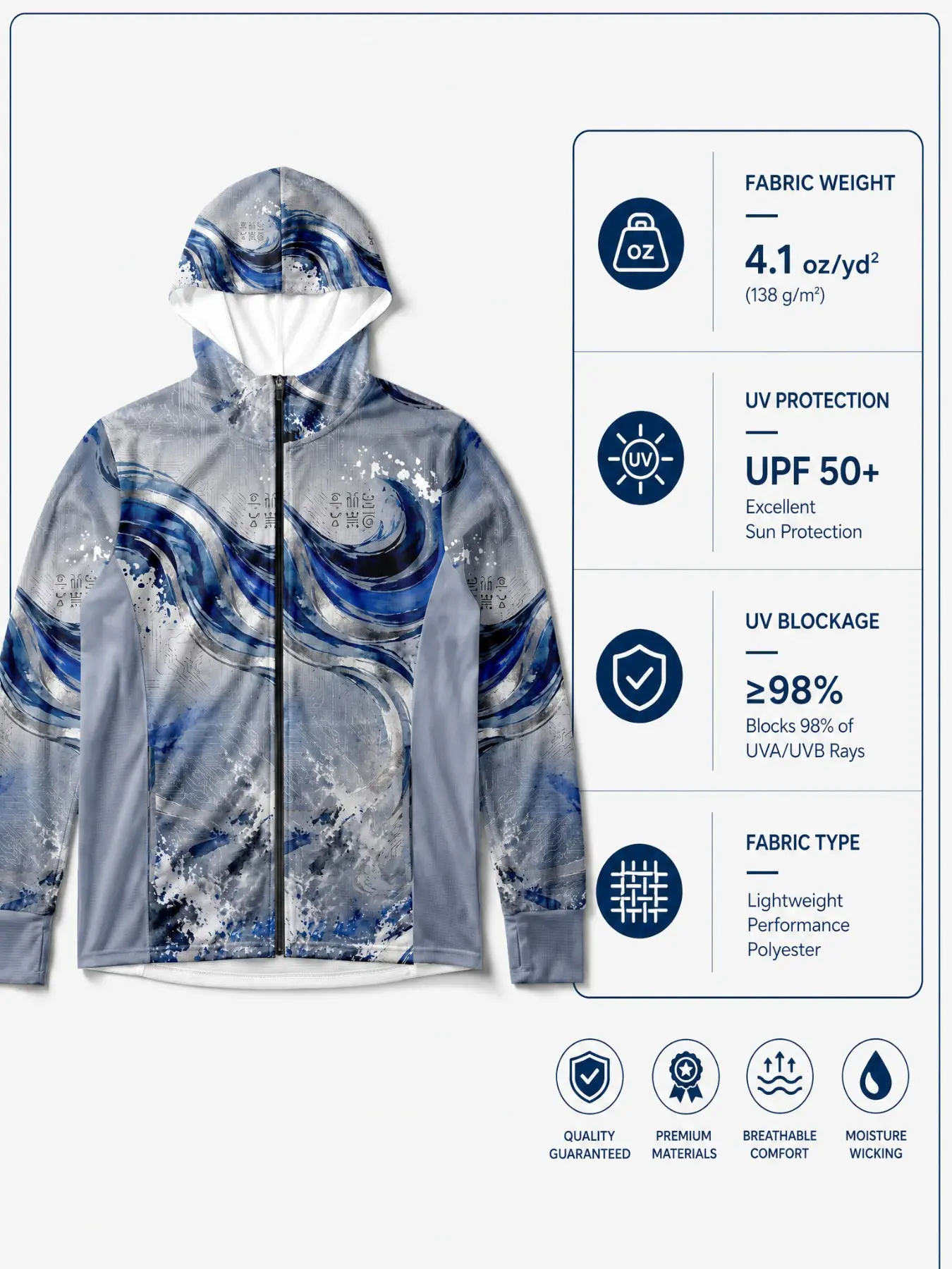 2026 Full-Zip Hooded Sun Fishing Jacket, Unique Chinese Ink Wave Print, Soft Blue Semi-Transparent Texture, Ideal for Saltwater Fishing