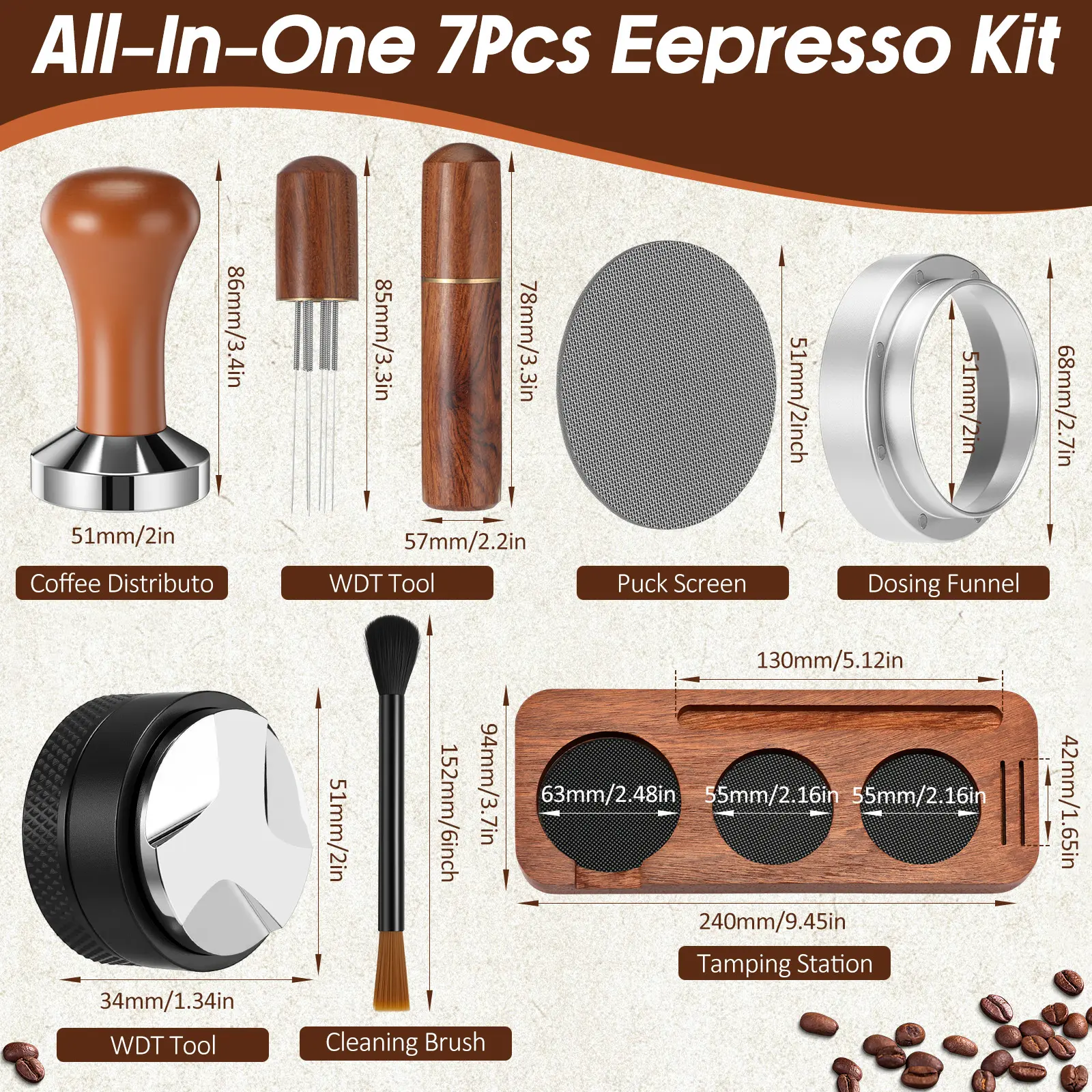 7pcs Espresso Accessories Kit, 51mm Coffee Tamper Set Espresso Machine Accessories Coffee Tamper Wdt Tool Dosing Funnel Puck Screen Brush Tamping Station for 51mm Barista Tools