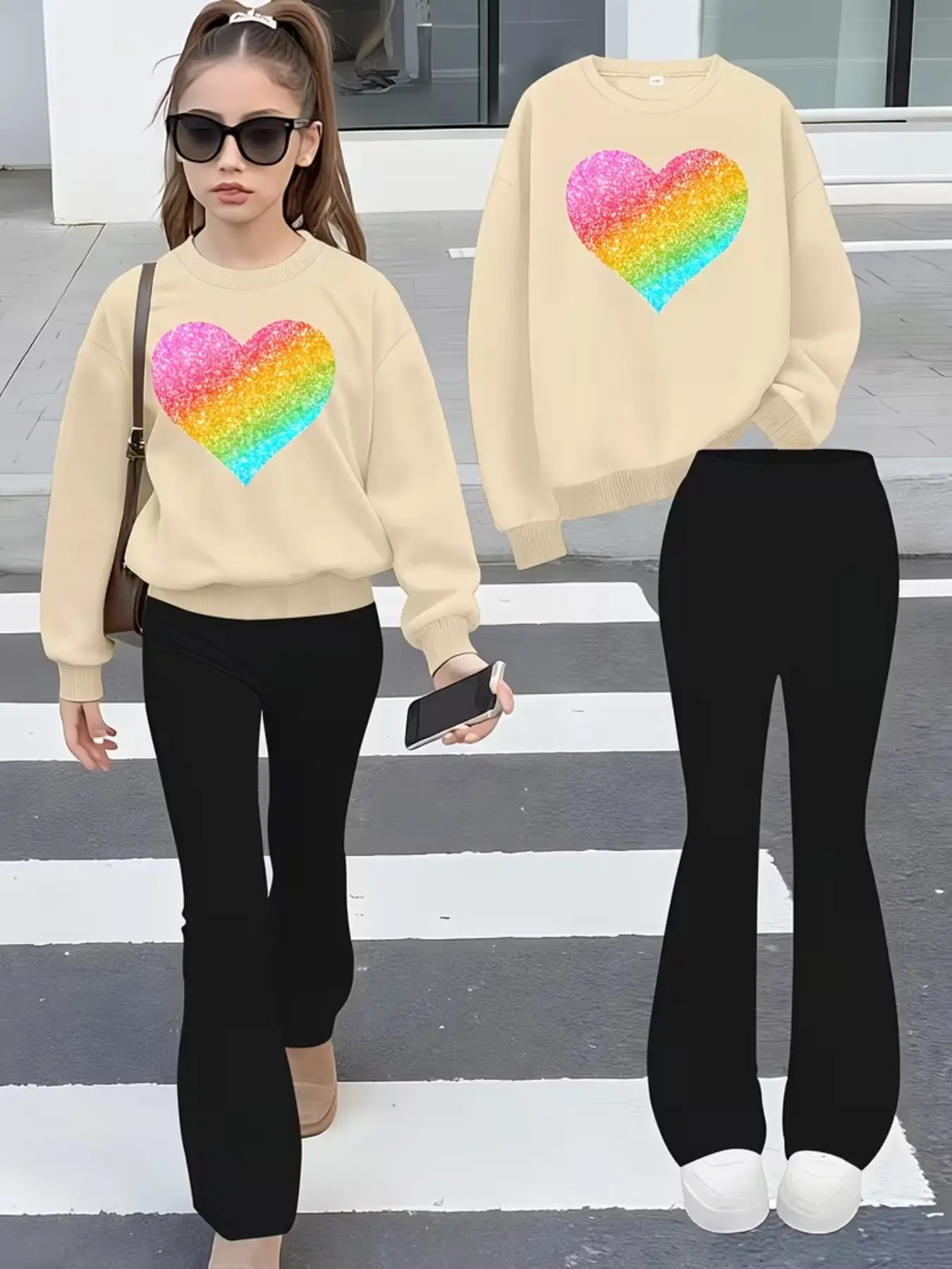 Girls' Autumn Winter Fashion Printed Casual Long Sleeve Round Neck Sweatshirt Set, Knit Bell Bottom Pants Two Piece