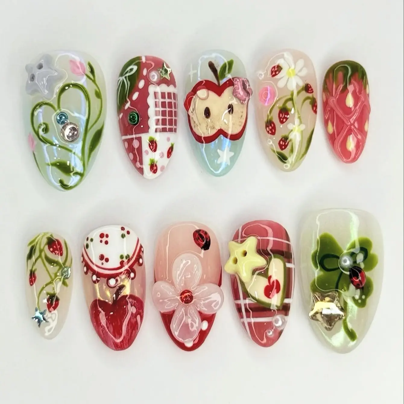 10pcs Cute Fruit Press on Nails, Strawberry Apple Cherry Hand Painted Almond Fake Nails Decorative Nails, 3D Flower Star Charms, Transparent Glossy False Nails