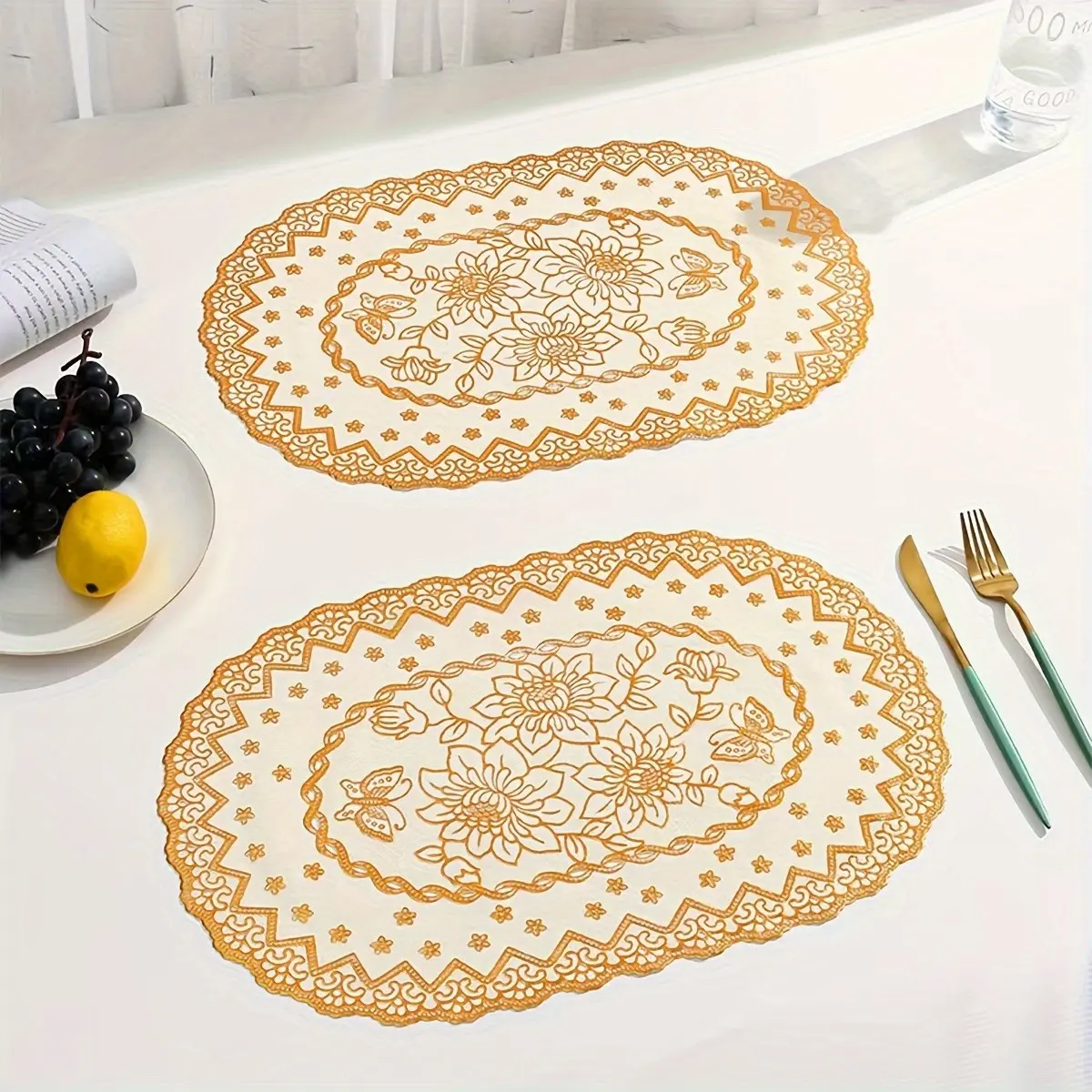 12-Piece Gold Foil Table Mats, PVC Table Protectors, Household Placemat, Kitchen & Restaurant Decor, Rose Flower Coasters, Waterproof Oil-Resistant Heat Insulating Placemats, Floral Pattern Placemat