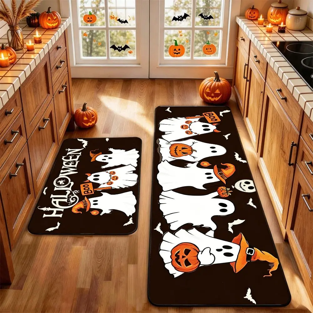2Pcs Holloween Kitchen Bathroom Rug Mat BOO! Skeleton Horror Pumpkin Bat Spider Web Wizard Floor Mat Set Farmhouse Kitchen Bathroom Rug Non Slip, Home Supplies Rug, Fall Decor Home Decor Rug